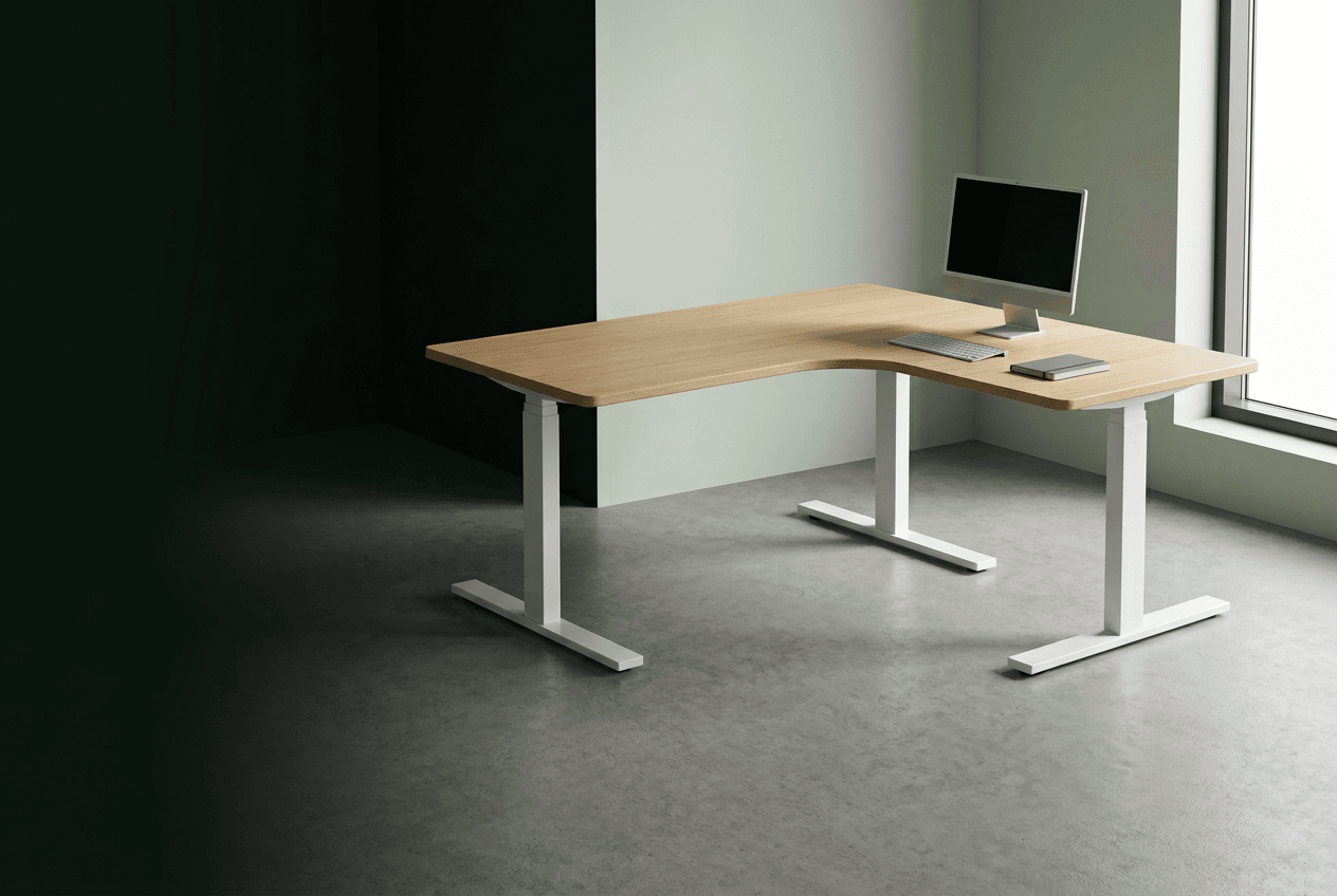 L-shaped electric sit-stand workstation in a commercial office setting