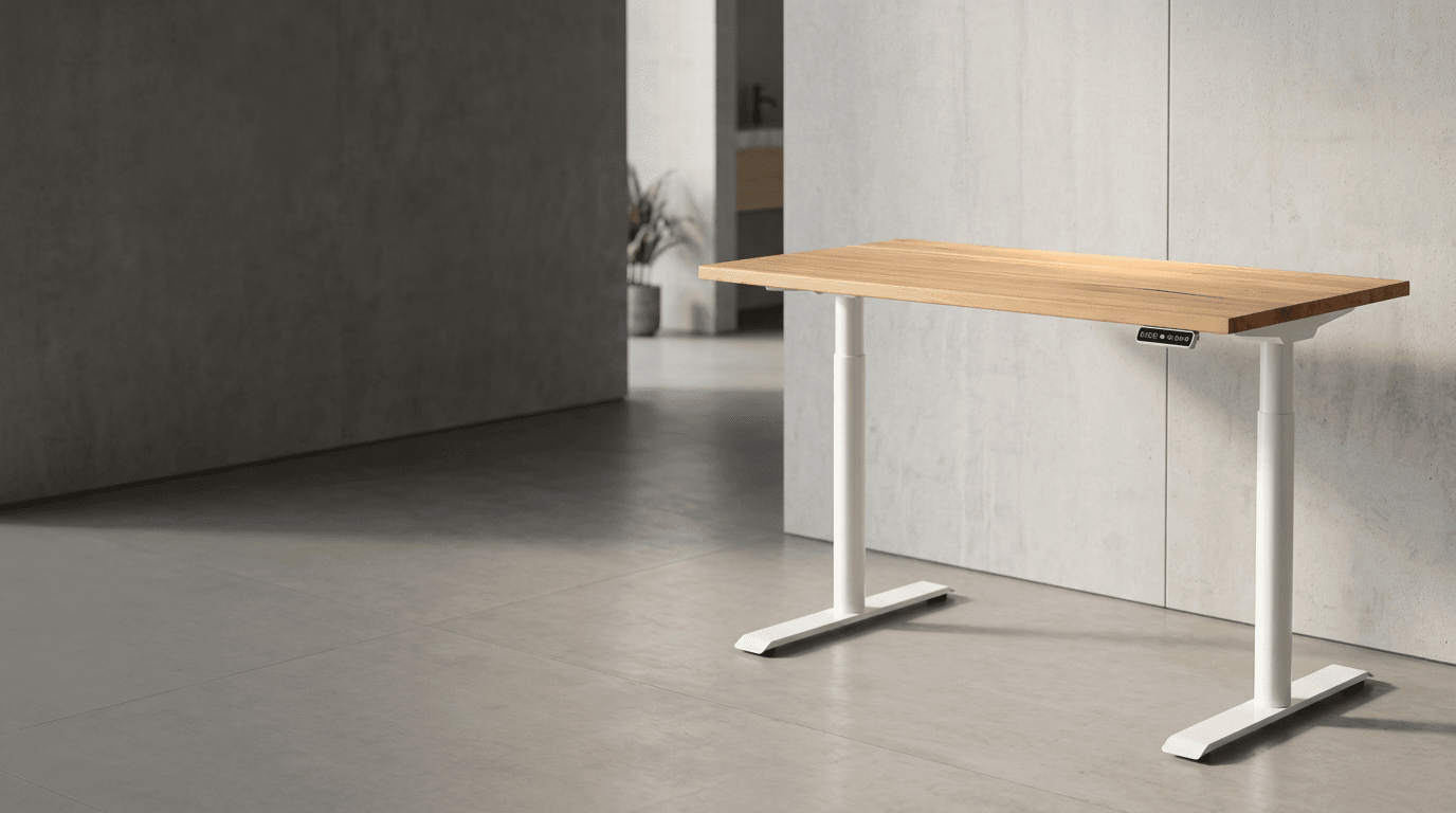 Modern height-adjustable office workstations shown in an open-plan project setting