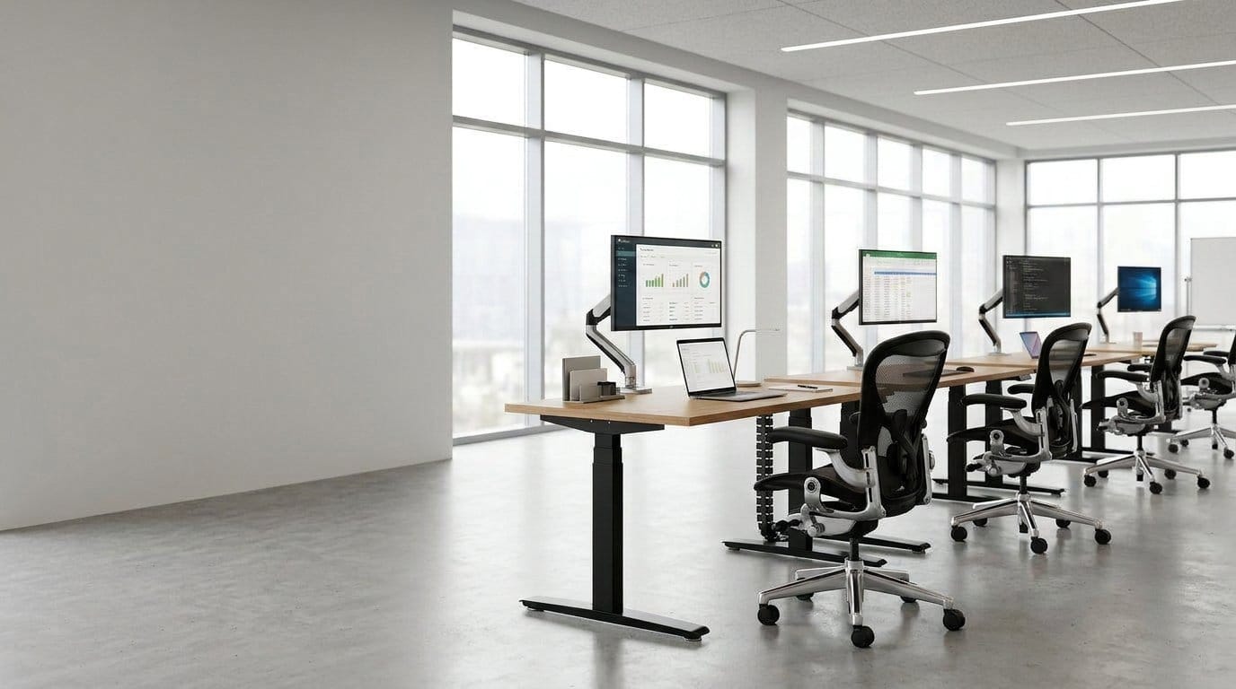Height-adjustable workstations arranged for a repeatable office furniture program