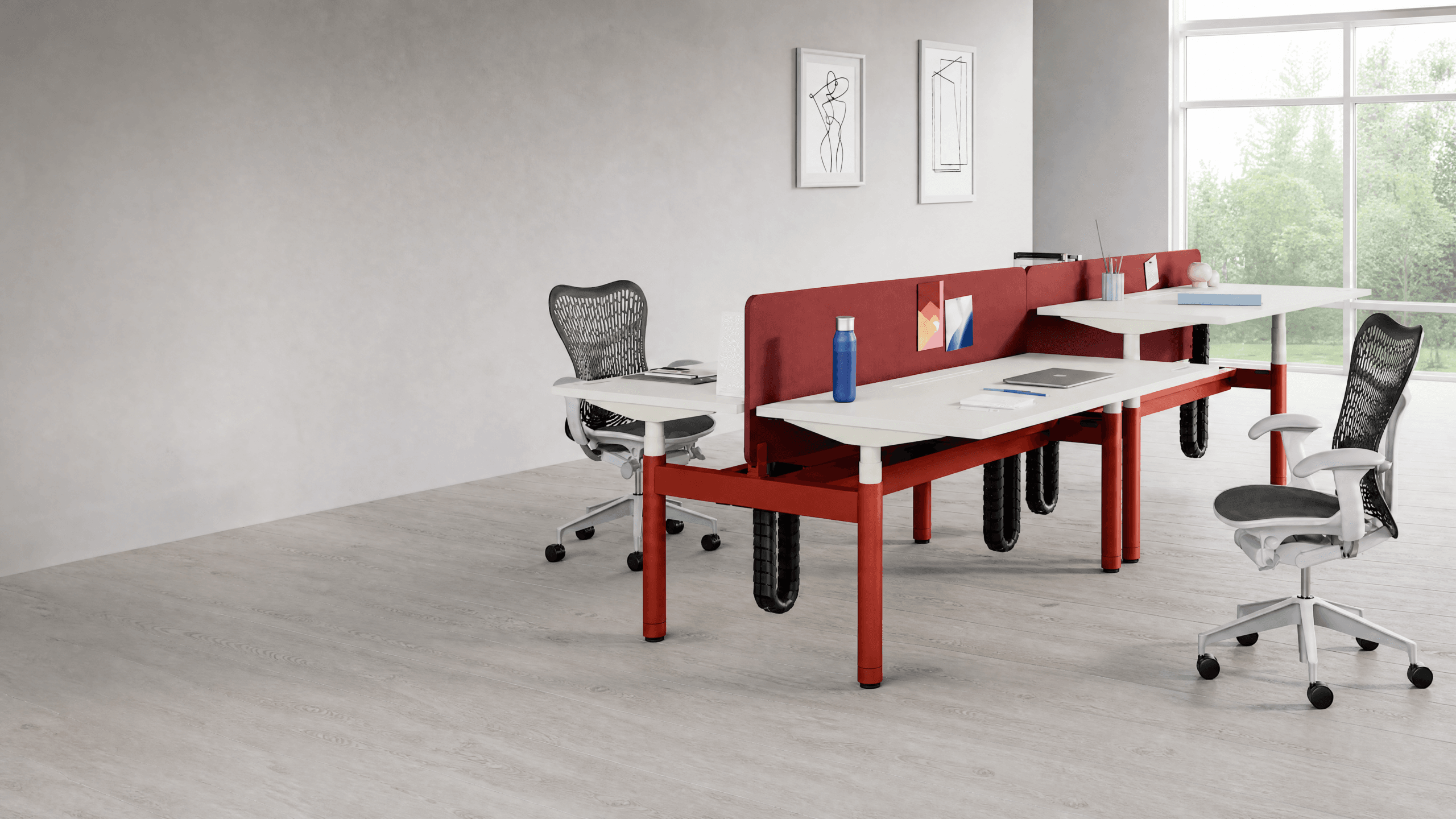 Modern workplace interior with collaborative tables
