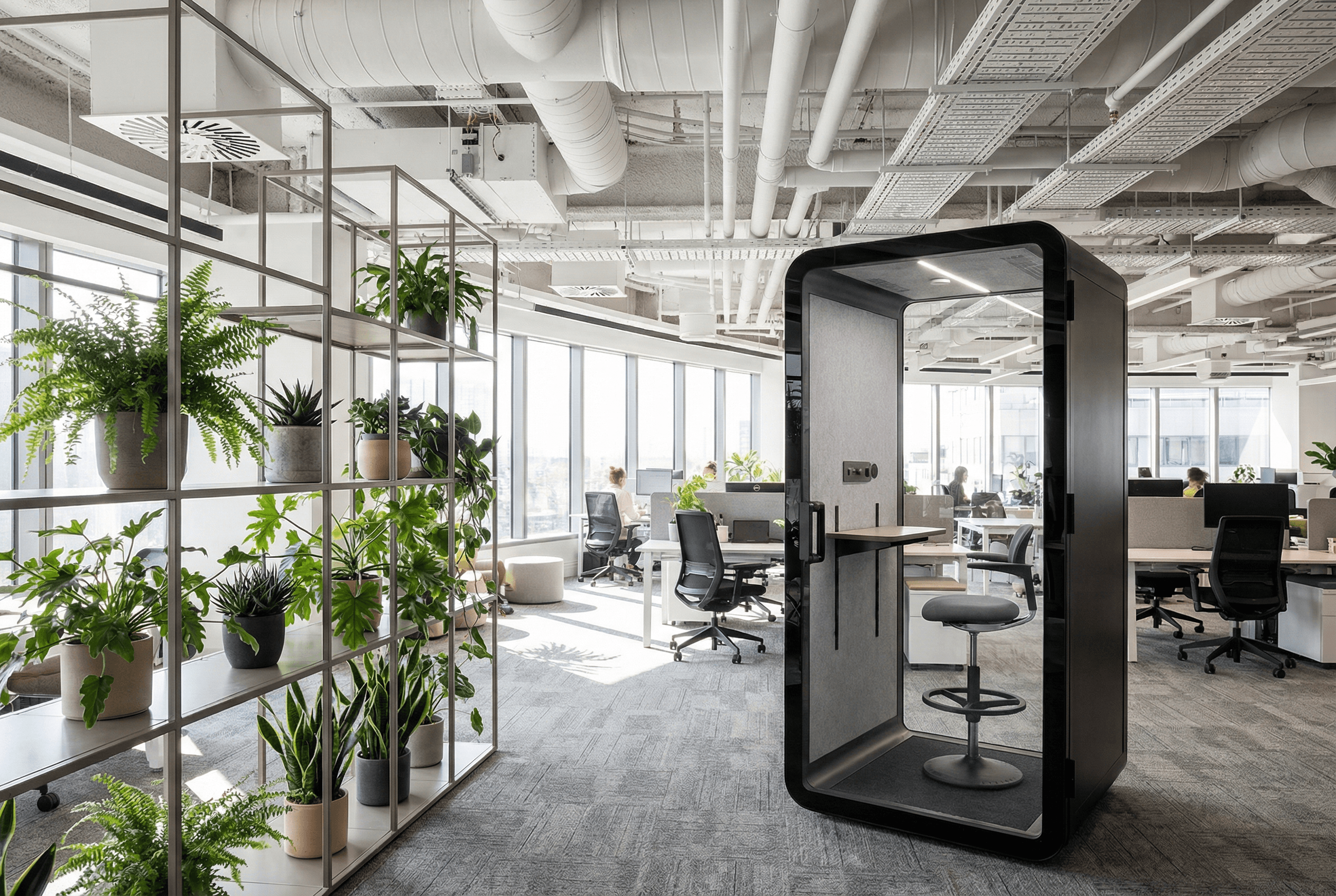 Modern office interior with collaborative tables