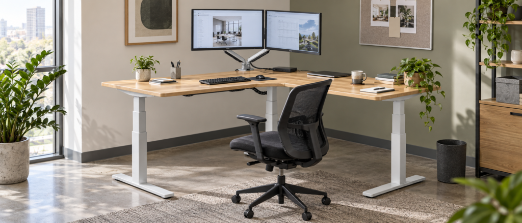 corner desk for 2 monitors, dual monitor corner desk, multi monitor corner desk, 3 monitor corner desk