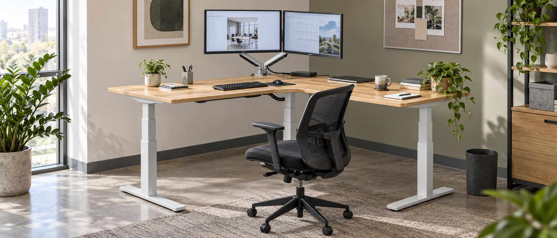 Corner Desk for Two Monitors: Plan Width, Reach and Cable Travel